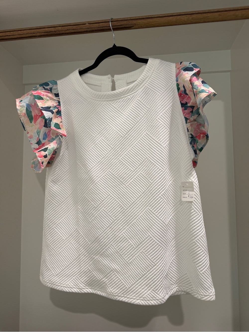 White Textured Top with Floral Flutter Sleeves